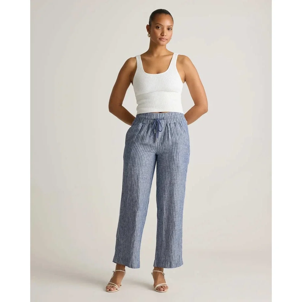 Quince European Linen Wide Leg Pants Chambray Stripe Blue White Small NWT